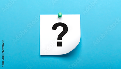 White paper note with question mark symbol pinned on a bright blue textured background, uncertainty concept