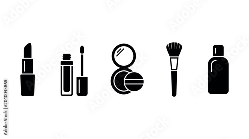 Makeup cosmetic beauty products icons set silhouette illustrating essential items for personal care, beauty routines, and glamour.