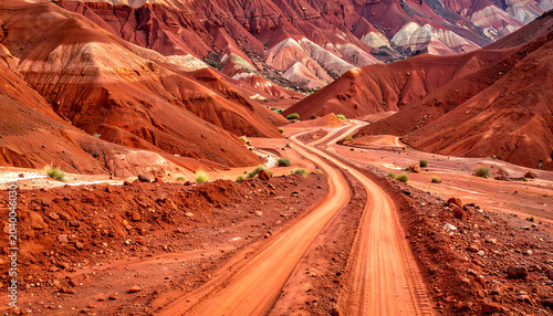Winding dirt road through colorful arid desert mountains with layered sedimentary rock formations and sparse vegetation