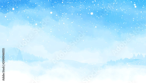 winter landscape watercolor, soft blue sky with falling snow over misty evergreen forest, tranquil atmosphere