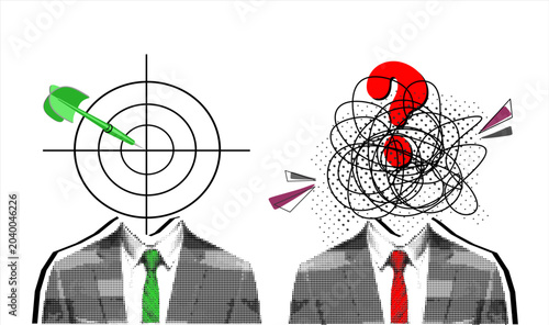 Tableau sur toile Trendy Halftone Collage two business , with a chaotic brain with question and a