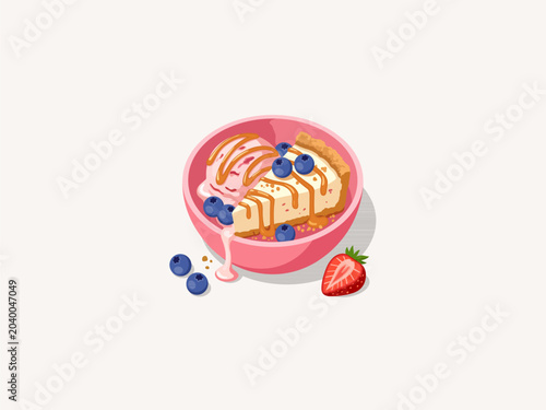 Bild auf Leinwand Strawberry Ice Cream and Cheesecake Slice with Blueberry and Caramel Sauce Vecto