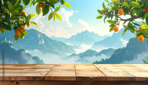 Wooden table in foreground with misty mountains and orange trees under blue sky, serene landscape