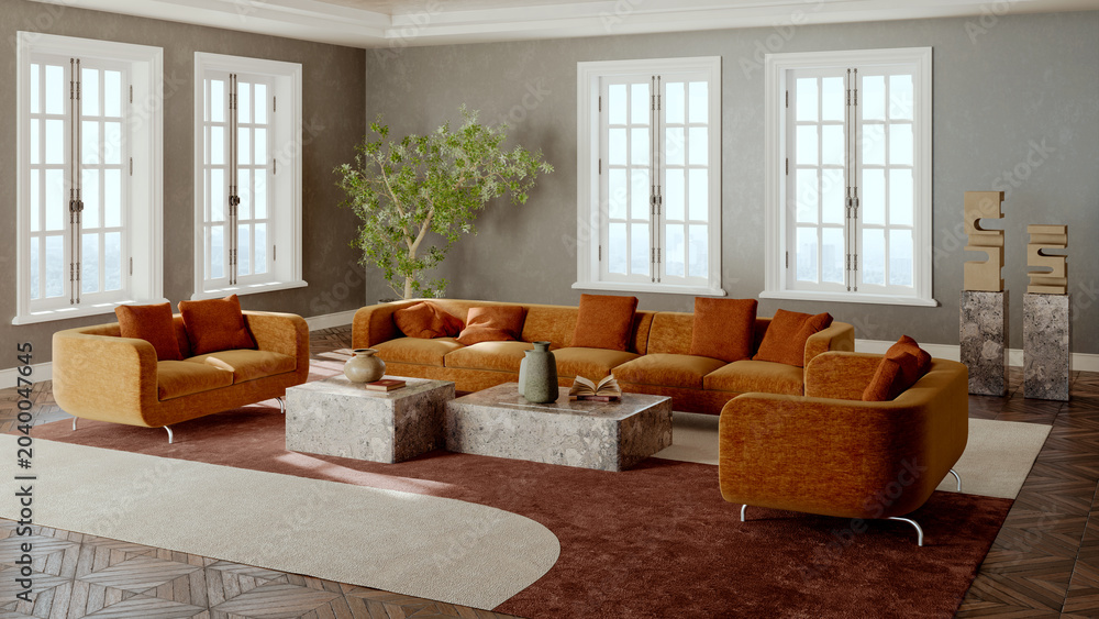 Obraz premium 3D render, illustration Large Luxury modern living room interior, brutalist architecture realistic lighting, Graphic Overlay wide angle, contemporary furniture, clean lines, minimalist decor, elegan