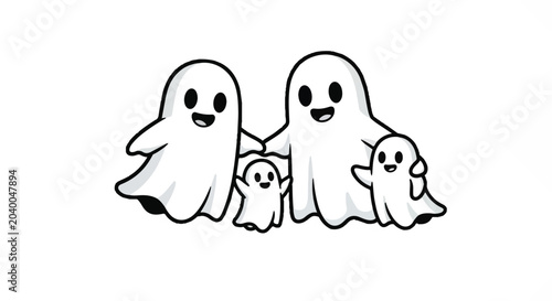 Cute cartoon family of friendly ghosts walking together in a simple illustration.