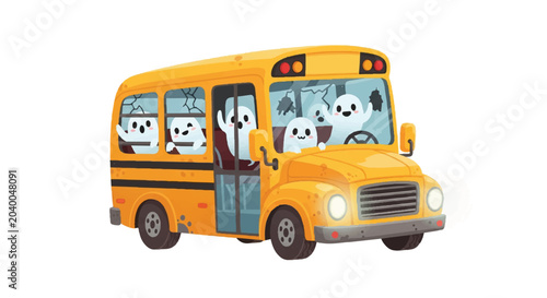 Colorful cartoon illustration of a yellow school bus carrying cheerful dogs on a sunny road.