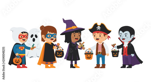 Group of cartoon friends in Halloween costumes posing together for a festive night.