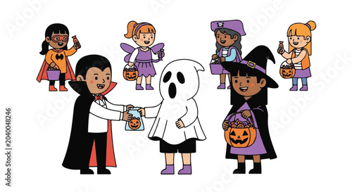 Colorful Halloween Themed Cartoon Characters Interacting At A Party.