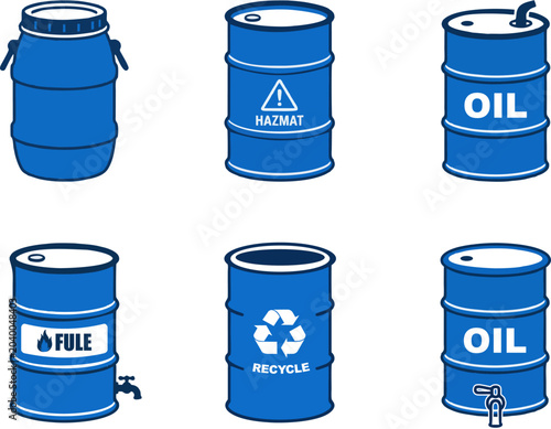 Chemical storage drums and recycling barrels vector illustration