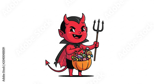 Playful red demon cartoon character holding a basket of berries in a whimsical illustration.