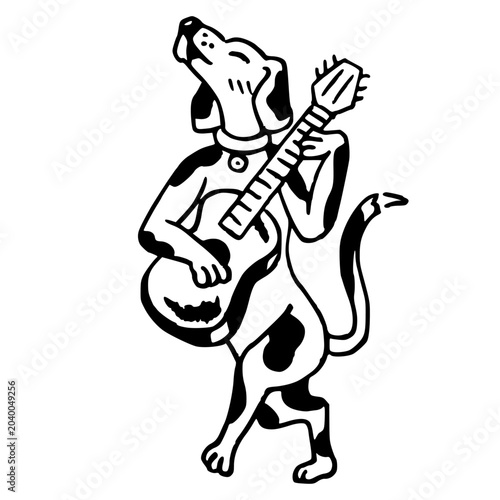 A picture of a dog playing a guitar.