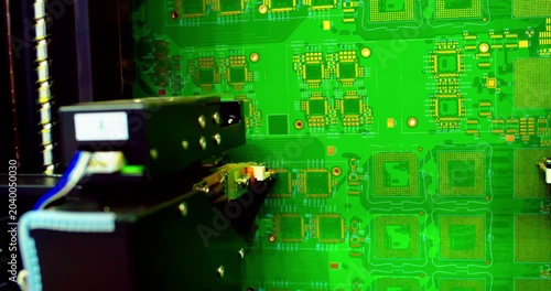 Extreme close-up of a high-tech robotic testing arm conducting quality control on a printed circuit board (PCB). Automated electronics manufacturing, artificial intelligence in industry