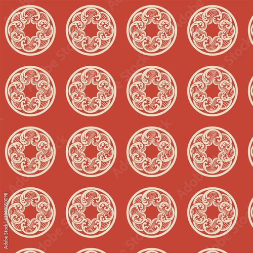 Traditional Japanese Wave Crest Circular Motif Seamless Pattern on Red Background