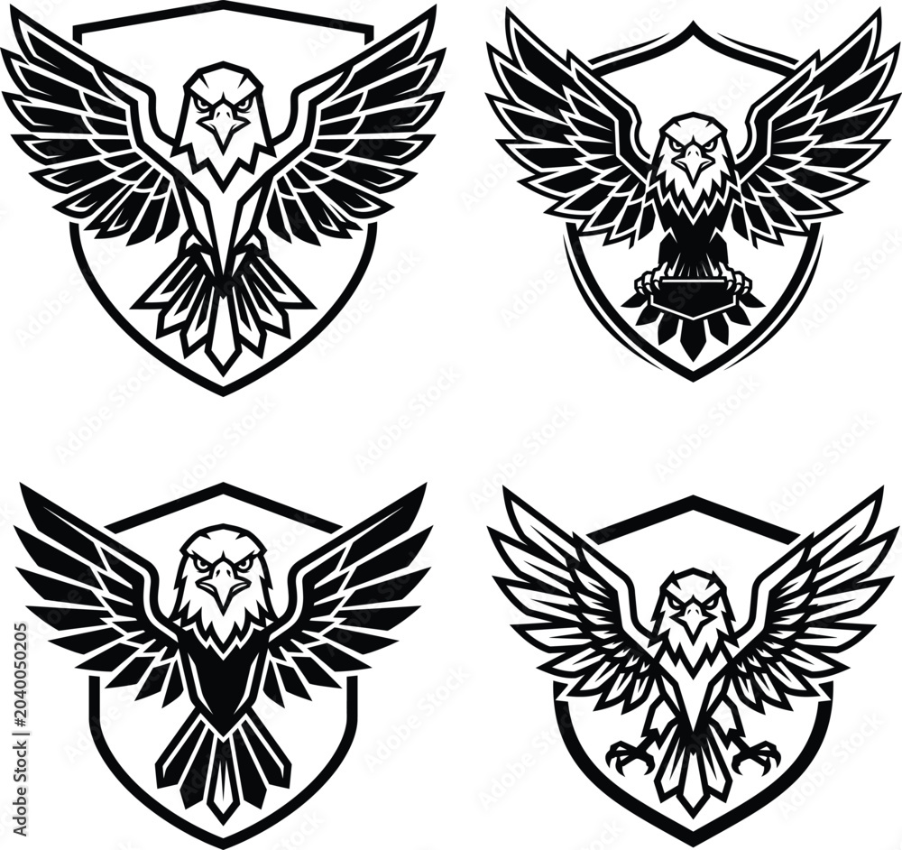 Fototapeta premium Set of 4 Eagle Mascot Logo Vectors - Aggressive Shield Emblems for Sports