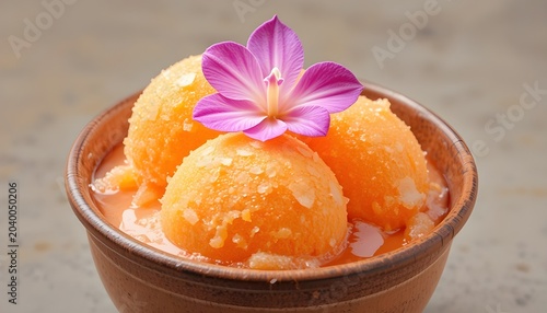  “Bright orange sorbet scoops with smooth frozen texture served in a rustic terracotta bowl, fresh and creamy appearance, slightly melting edges for realism. Garnished with a delicate pink orchid flow