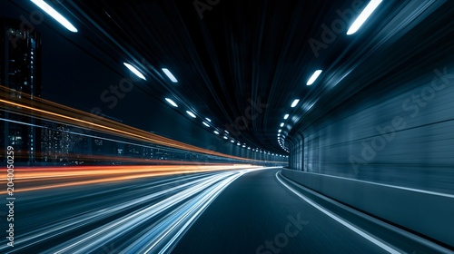 Dynamic Light Trails in Urban Tunnel at Night