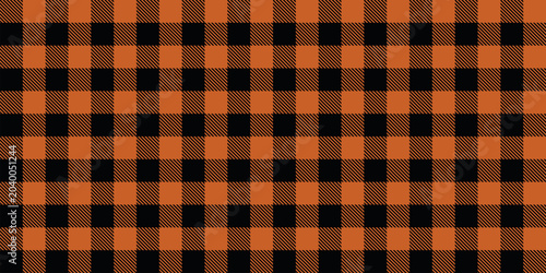 Bold orange and black buffalo check pattern featuring diagonal stripe texture, seamless geometric background for fabric, apparel, wallpaper, seasonal decor, outdoor themes and packaging