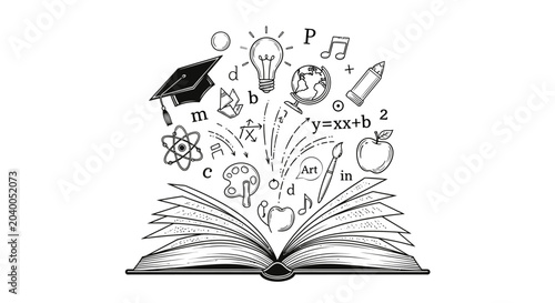 Open book with floating education symbols knowledge learning and creativity