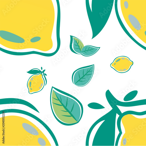 Fresh lemon seamless pattern featuring sliced lemons, citrus leaves, and botanical elements on a clean background. Bright summer fruit design ideal for textiles, wallpaper, wrapping paper, and packagi