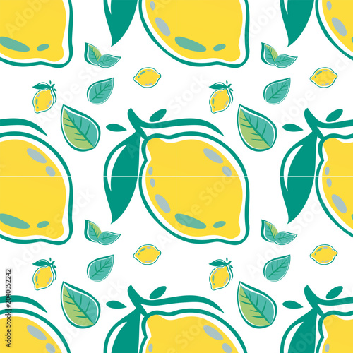 Bright and playful seamless lemon pattern featuring hand-drawn citrus fruits, leaves, and small lemon accents on a clean white background. Perfect for textiles, wrapping paper, wallpapers, packaging, 