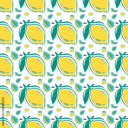 Bright and playful seamless lemon pattern featuring hand-drawn citrus fruits, leaves, and small lemon accents on a clean white background. Perfect for textiles, wrapping paper, wallpapers, packaging, 