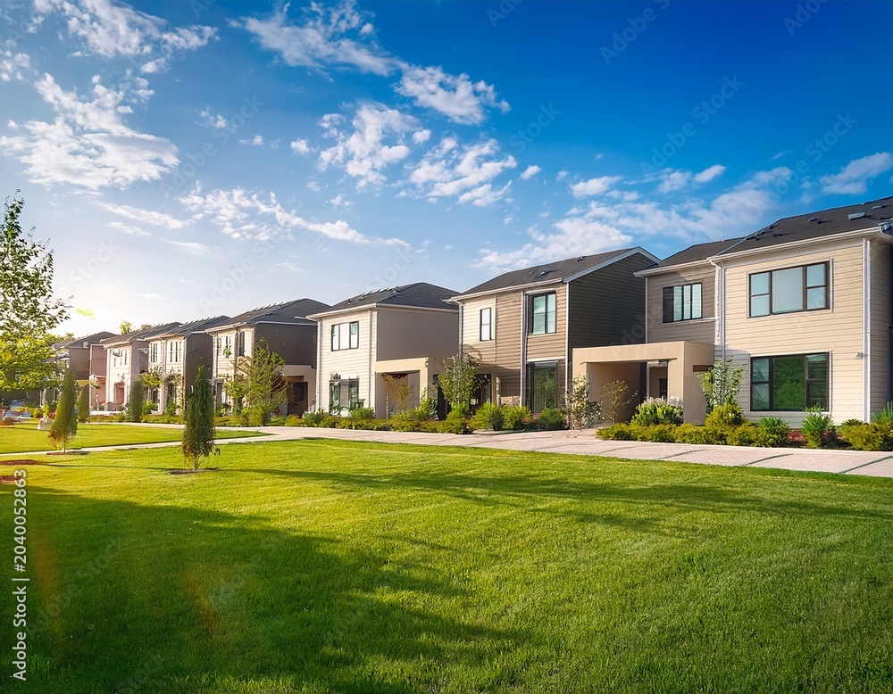 Fototapeta premium modern townhouses with lush green lawn and sunny sky jfff