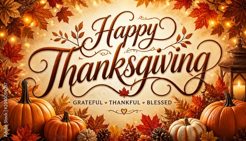 Happy Thanksgiving Greeting Card with Autumn Leaves and Pumpkins