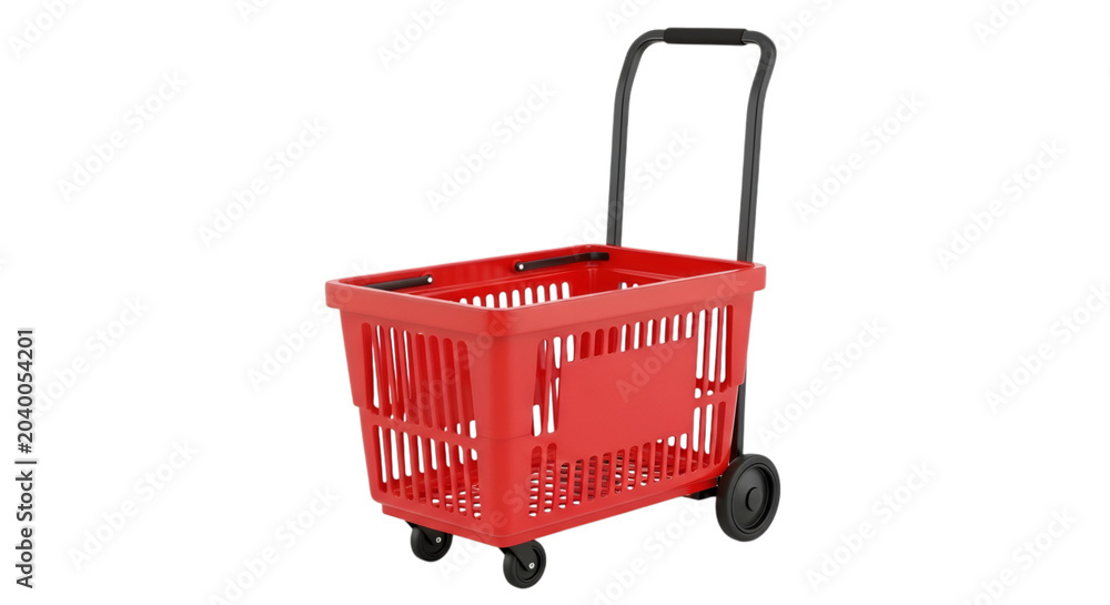 Fototapeta premium Red plastic shopping basket with a black handle and wheels, isolated on a white background, retail equipment for grocery store shopping