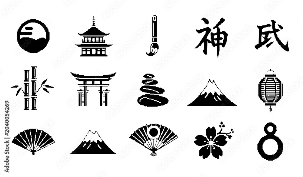 Naklejka premium Japanese Culture and Zen Pixel Art Icon Set with Enso Pagoda and Calligraphy Symbols in Retro 8 Bit Style