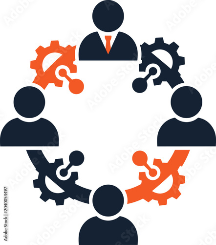 Collaborative workforce network with human figures and rotating gears icon vector showing team cooperation.