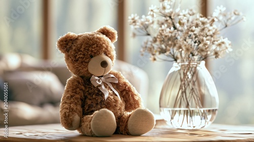 Adorable Teddy Bear Sitting on Wooden Table with Flowers Vase