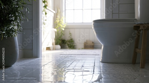 Bathroom with Water on Floor, Toilet, and Stool - Professional Image Usage