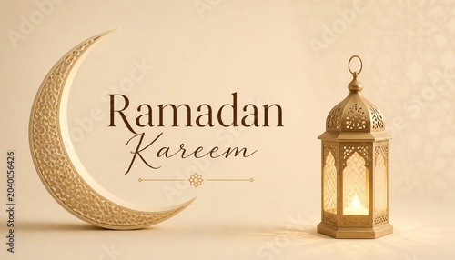 Ramadan Kareem Greeting with Crescent Moon and Lantern