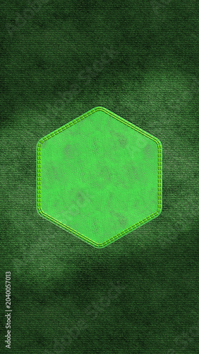 Green Denim Background with Organic Leather Hexagon Label, 8K 9:16