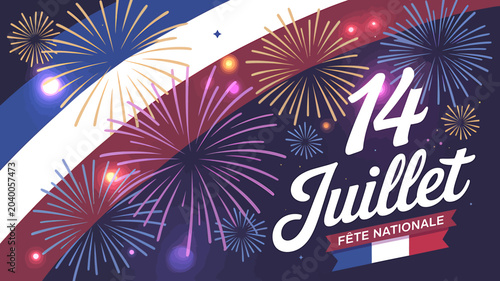 Colorful fireworks display celebrating Bastille Day national holiday in France
