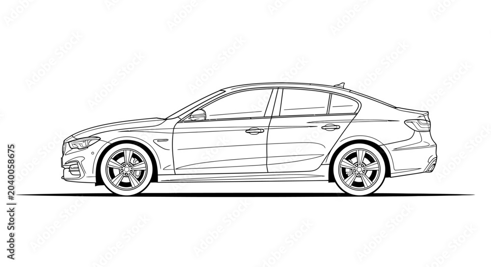 Fototapeta premium Sleek sedan car illustration in profile view on white background