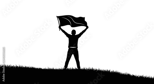 Silhouette of a person holding a flag aloft against a bright sky, symbolizing victory and achievement