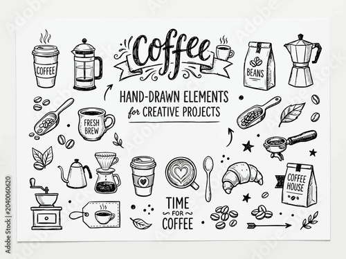 Obraz na plátně Hand drawn coffee cup elements design.