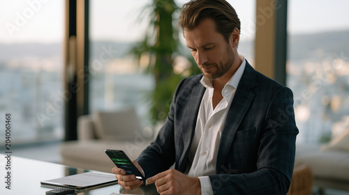 Payroll automation software mobile approval screen, CEO authorizing global salary run with biometric thumbprint on phone, luxury penthouse office interior, panoramic city view, early-August payroll 