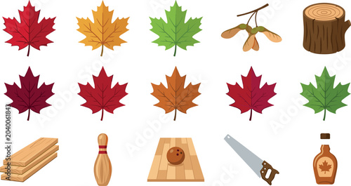 Cuadro en lienzo Maple Leaf Vector Set with Colorful Autumn Foliage Tree Seeds Wood Log Lumber Pl