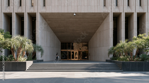 Government agency brutalist headquarters building seen from a low angle, its massive concrete facade dwarfing a lone pedestrian on the plaza, security camera mounted above the entrance, institutiona