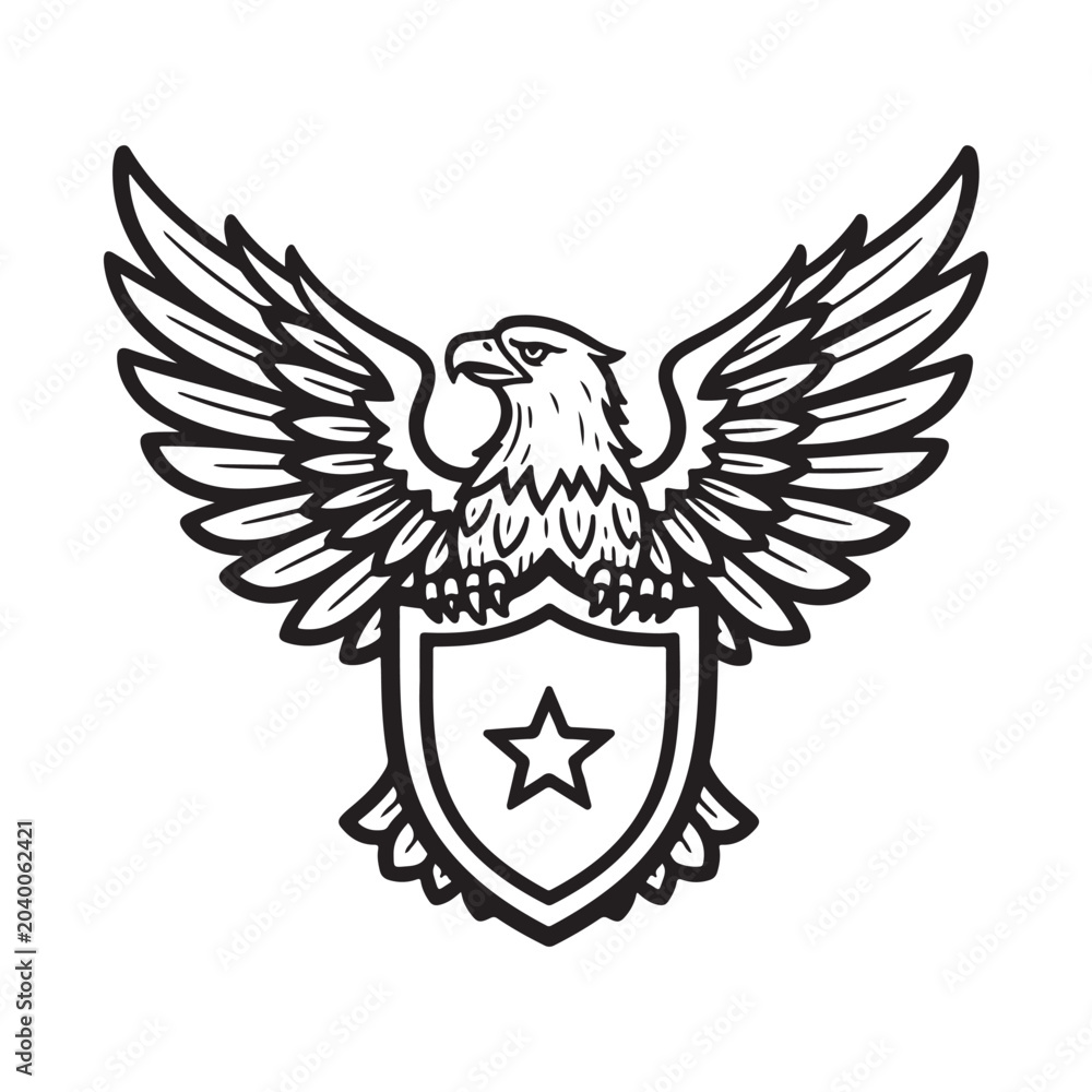 Fototapeta premium Eagle holding a shield with a star emblem isolated on white background
