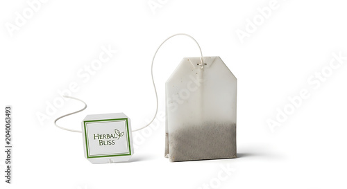 Tea bag with label isolated , herbal beverage bag on white background for hot drink preparation and relaxation
