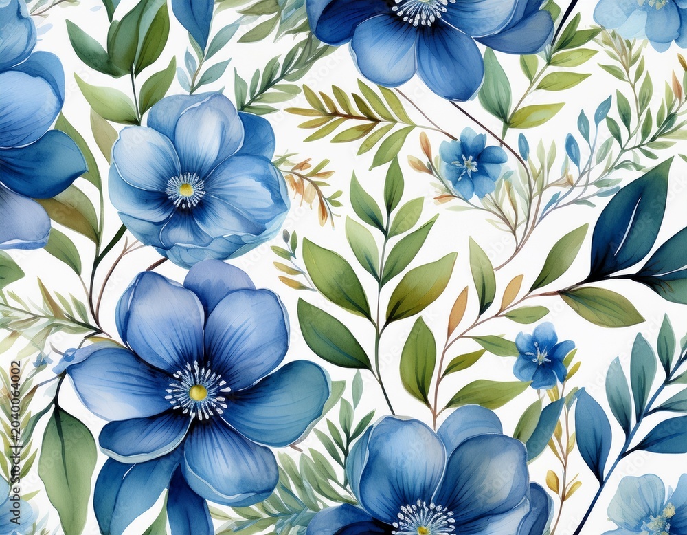 Obraz premium a stunning seamless watercolor floral pattern featuring delicate blue flowers and vibrant green leaves