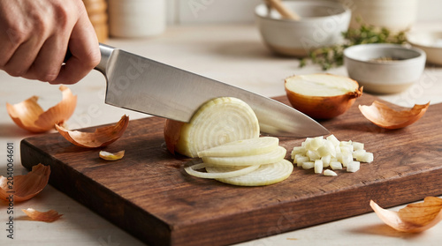 Sliced and Diced Fresh Yellow Onion on Wooden Cutting Board