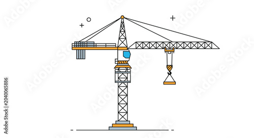 Large industrial construction tower crane with a yellow boom and counterweight blocks isolated on a clean white background for building sites.