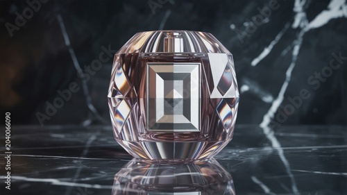 Elegant glass perfume bottle with geometric faceted design and reflective surfaces isolated on transparent background