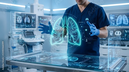 Medical professional in blue scrubs and gloves interacting with a glowing holographic display of human lungs and digital data in a futuristic hospital or research laboratory setting.