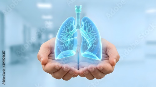Human lungs rendered in glowing blue, held carefully in cupped hands against a blurred medical background, symbolizing respiratory health and protection.