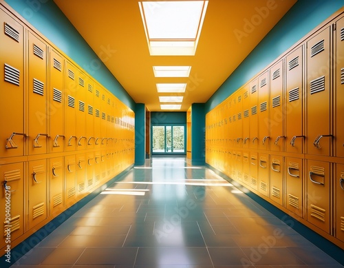 university hallway with modern yellow row of lockers on the wall clean school interior generative ai